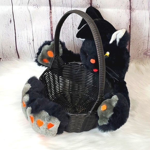 Vintage 90s Halloween Black Cat Witch Plush Stuffed Animal Wicker Candy Basket - Picture 3 of 12